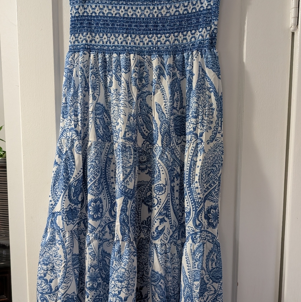 Blue and White Paisley Midi Strapless  Or Skirt Dress